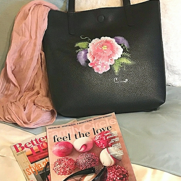 Custom Hand-painted Leather Reversible Tote Black Brown NWT - Picture 1 of 1